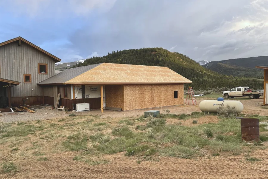 Long elevation with the porch bay framed